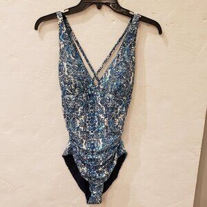 Niptuck Swim One Piece Reverisable Blue and White Paisley Print Swimsuit Size 6